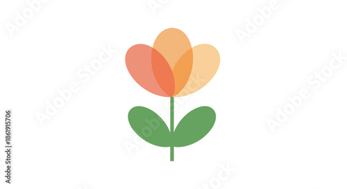 A simple and charming abstract flower with overlapping orange and pink petals and green leaves in a minimalist style isolated on a white background.