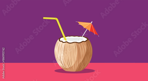 A refreshing tropical coconut cocktail with a straw and a small drink umbrella perfect for a summer vacation or beach party illustration.