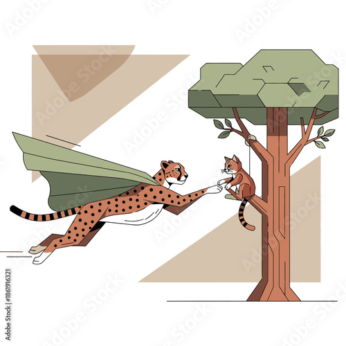 Cheetah with Wings Pulling Kitten from Tree.