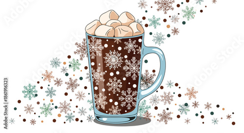 A cozy winter illustration of a glass mug of hot chocolate topped with marshmallows and surrounded by falling snowflakes on a white background.