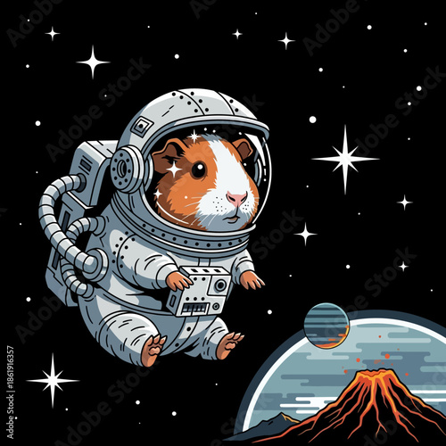 Guinea Pig Astronaut Floating in Space Suit.