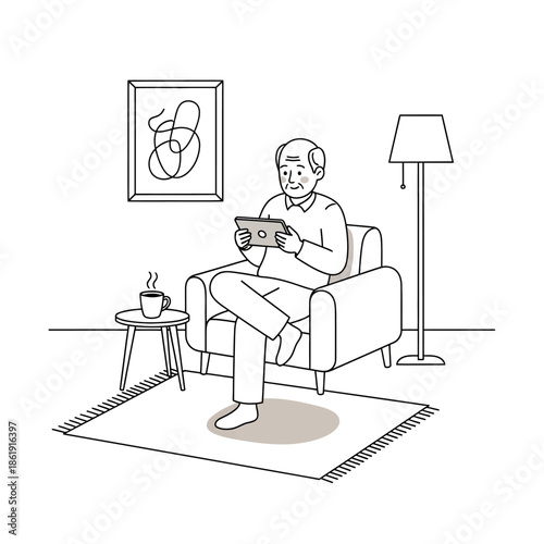 Man Relaxing on Sofa with Tablet.