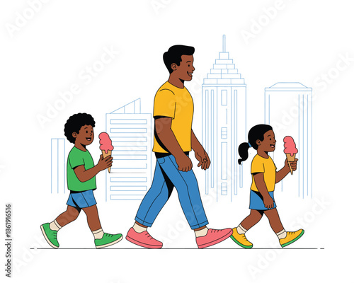 Father and two children enjoying ice cream on a sunny day in the city