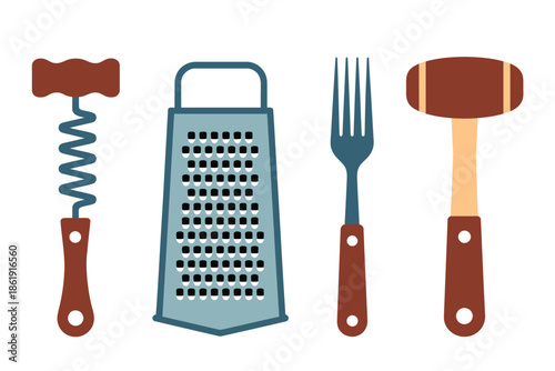Collection of common kitchen utensils including a corkscrew, grater, fork, and mallet