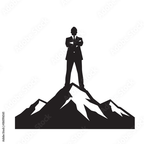 "Business Leader Standing on Mountain Peak Silhouette – Symbol of Success and Achievement"