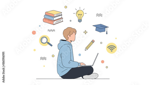 Student engaged in digital learning, surrounded by various icons representing knowledge and academic pursuits