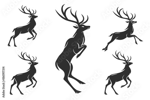 Dynamic silhouettes of deer in motion isolated on white background, Vector
