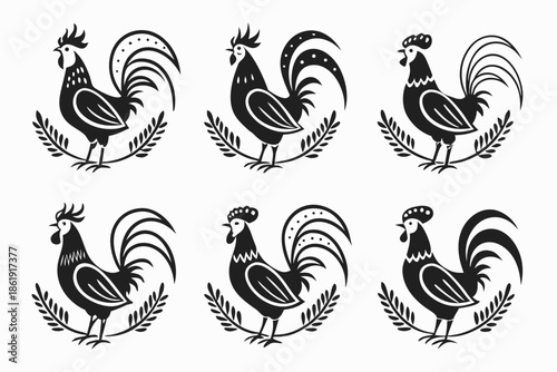 Six stylized black roosters with laurels isolated on white background, Vector