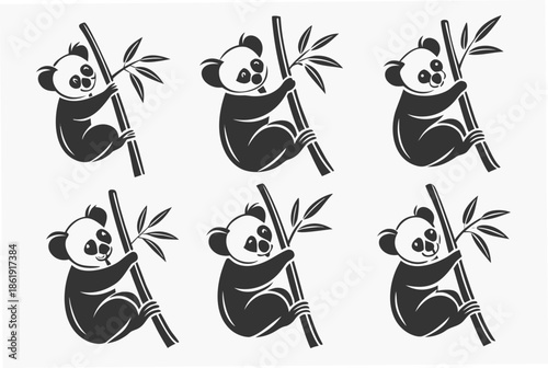 Six pandas eating bamboo isolated on white background, Vector