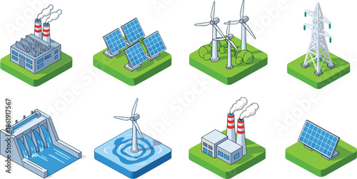 Isometric renewable energy icons set with solar panels, wind turbines, hydroelectric dam, power factory, electrical tower, and sustainable green technology.