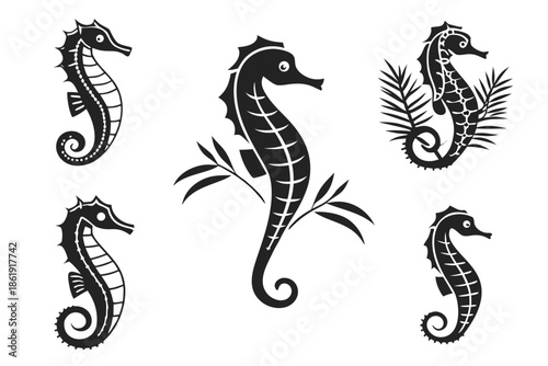 Five seahorse silhouettes isolated on white background, Vector
