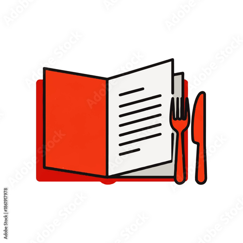 Flat style 2D vector icon featuring an open restaurant menu with a fork and knife, symbolizing dining, food service, and meal selection in a clean graphic design