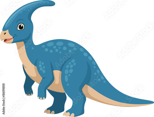 Cartoon illustration of a blue Parasaurolophus dinosaur against a white background