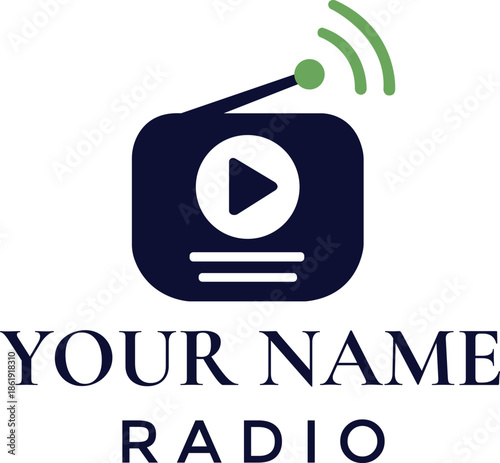 Modern radio station logo vector with play button and signal waves, clean and professional design ideal for online radio, podcast, and media branding.