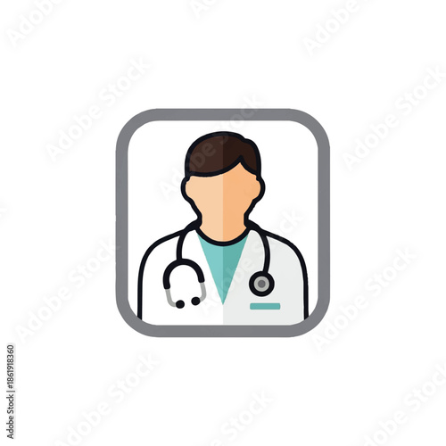 Professional male doctor avatar icon, a flat vector illustration depicting a healthcare worker with a stethoscope, suitable for medical apps, websites, and service representations