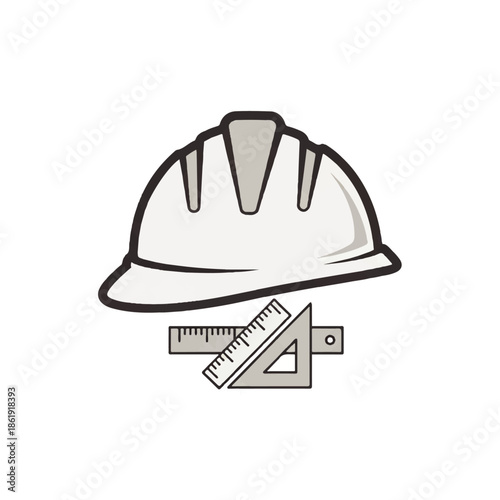 Flat 2D vector icon for construction and engineering. Features a hard hat, ruler, and set square. Symbolizes architectural design, building, and professional trades