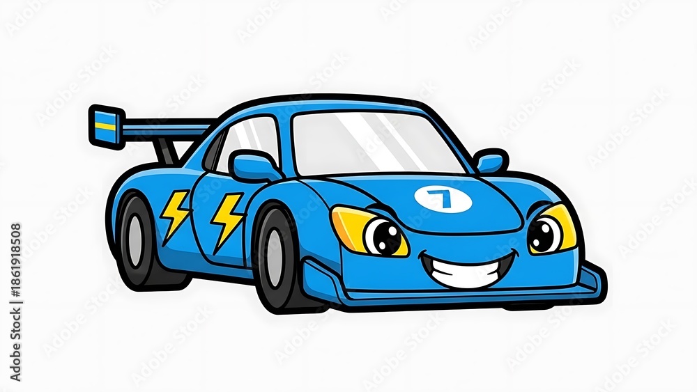 Fototapeta premium Blue Cartoon Racing Car with Lightning Bolt.
