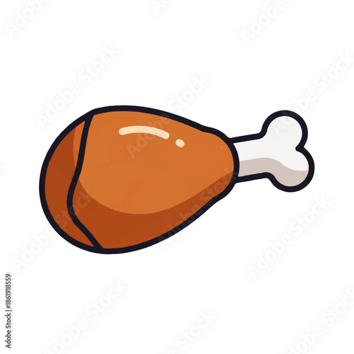 Stylized 2D cartoon vector illustration of a single crispy fried chicken drumstick, perfect for menu designs, food apps, or culinary-themed graphic elements
