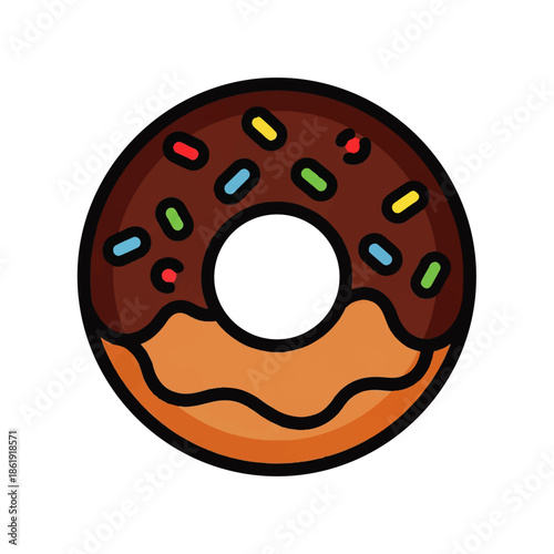 Flat icon of a chocolate frosted donut with colorful sprinkles, 2D vector illustration