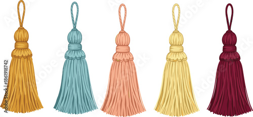 Set of colorful decorative tassels for curtains and home decor, isolated on white background, vintage craft fringe, elegant silk accessories.