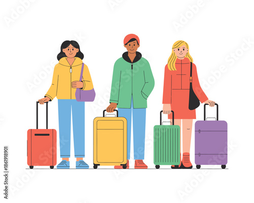Diverse group of friends ready for adventure with colorful luggage