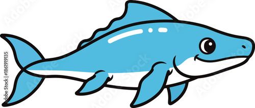 Cartoon light blue marine creature with black outline swimming right