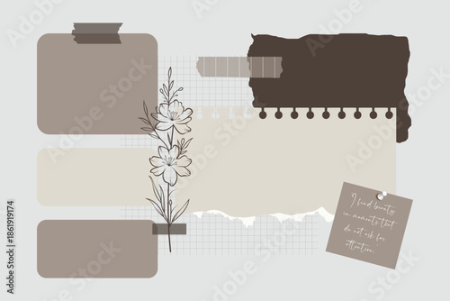 Modern aesthetic soft pastel brown mood board for travel and picture frame and organizer planner