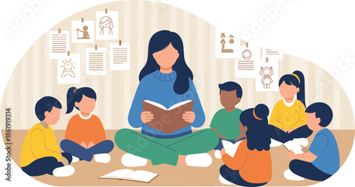Teacher Reading Book to Diverse Group of Children Sitting on Floor in Classroom, Kindergarten Storytelling Session, Early Childhood Education, and Literacy.