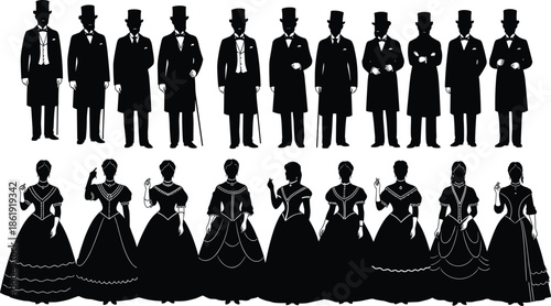 Vintage Victorian silhouettes of gentlemen in top hats and ladies in ballroom gowns, historical 19th century fashion icons for graphic design