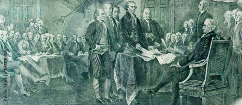 Foto Detail of a dollar bill with the image of the Declaration of Independence
