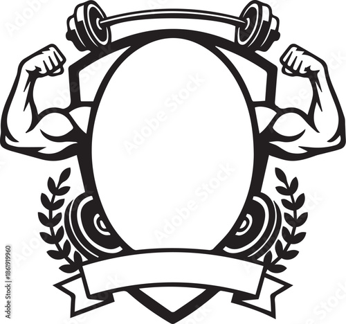 Blank fitness emblem with muscular bicep arms and barbell for gym logo design