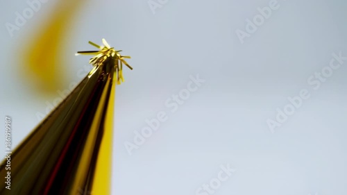 A close-up of a festive party hat with a gold fringe against a soft, blurred backdrop