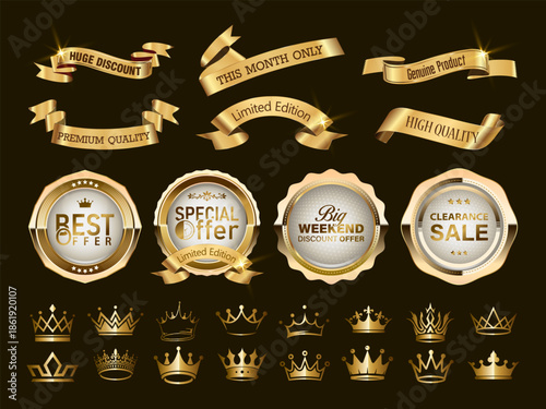 Luxury limited special offer sticker, hurry up vector. Clearance sale banner design. Big weekend discount offer logo, Best offer tag and Premium quality product badge, gold crown vector icon template