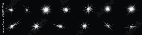 Collection of White Sparkle Stars and Bursts on Black Background