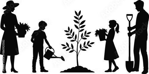 Family gardening silhouette with parents and children watering and planting tree, eco friendly lifestyle concept, sustainable nature care vector illustration