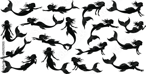 Mermaid silhouette, swimming pose, black vector, sea creature, flowing hair, underwater theme, fantasy design, ocean illustration, graphic, mythical iconMermaid silhouette, swimming pose