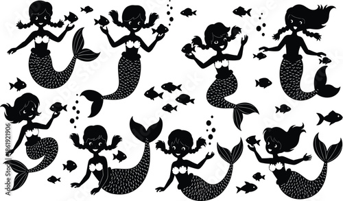 Mermaid silhouette, underwater fantasy, black vector, sea creature, fish interaction, flowing hair, bubbles, shell top, ocean theme, illustrationMermaid silhouette, underwater fantasy, black vector