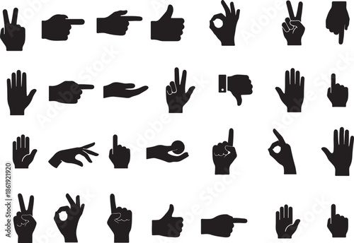 Vector icon set of human hand gestures used for communication, including pointing, stop, okay sign, and open hand. Simple black silhouette style,