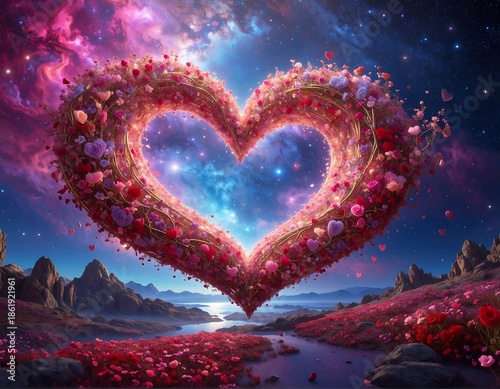 Heart-shaped floral arch floats above a surreal, starry landscape