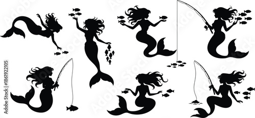 Mermaid silhouette, fishing pose, aquatic fantasy, black vector, sea creature, underwater scene, playful interaction, mythical illustration, ocean, graphicMermaid silhouette