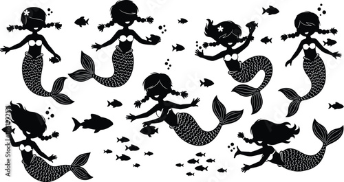 Mermaid silhouette, swimming pose, black vector, sea creature, fish interaction, underwater fantasy, flowing hair, bubbles, ocean theme, illustrationMermaid silhouette, swimming pose, black vector