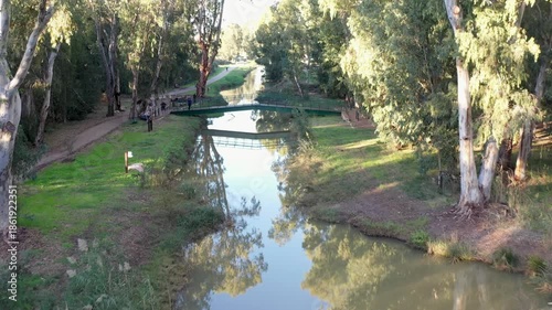 Aerial view of Naaman stream on a sunny day in northern Israel