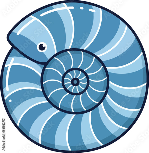 Stylized illustration of a blue nautilus shell in a logarithmic spiral
