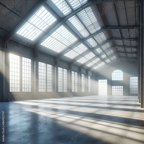  Empty warehouse or storehouse in daylight. 3d illustration