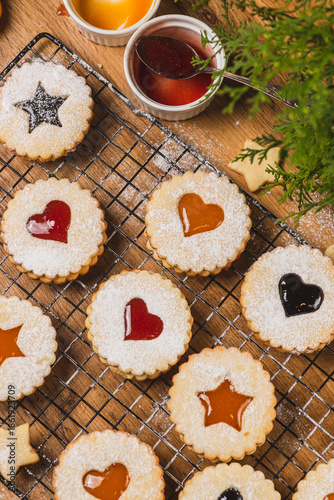 Linzer biscuits on a baking rack