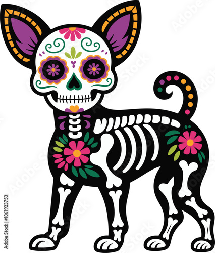 Day of the Dead dog, sugar skull design, skeleton pet, colorful vector, festive animal, Mexican art, Halloween clipart, celebration