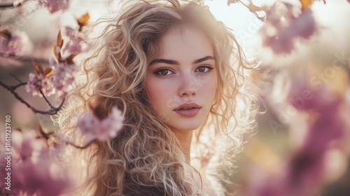 Young woman with curly blonde hair stands amidst blooming sakura trees, embodying serenity and natural beauty.