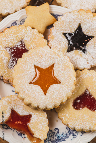 Linzer biscuits on a baking rack