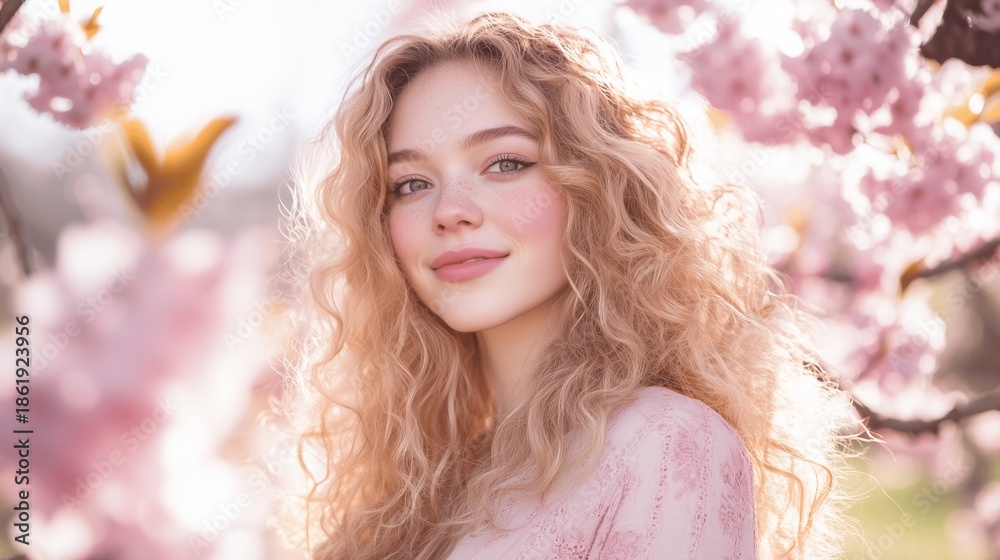 Fototapeta premium Young woman with curly blonde hair stands amidst blooming sakura trees, embodying serenity and natural beauty.