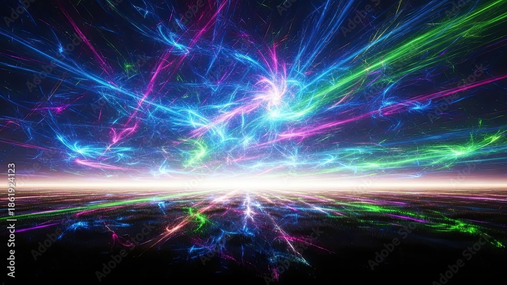 Obraz premium Vibrant neon electric energy explosion with colorful light trails and reflections in a digital